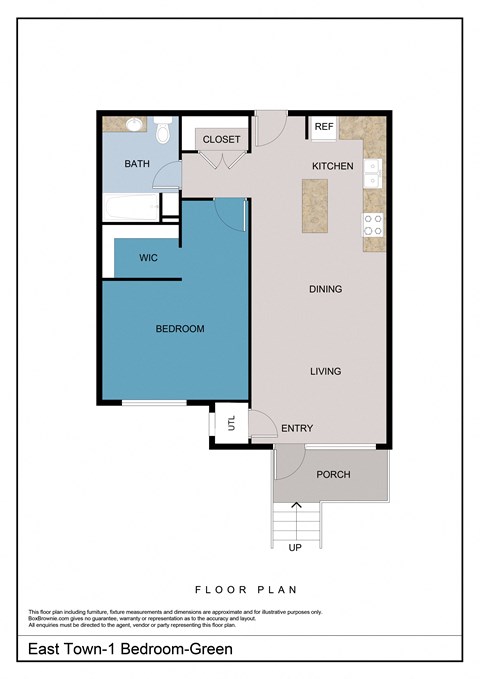 Floor plan for 1 bed, 1 bath, 738 sqft